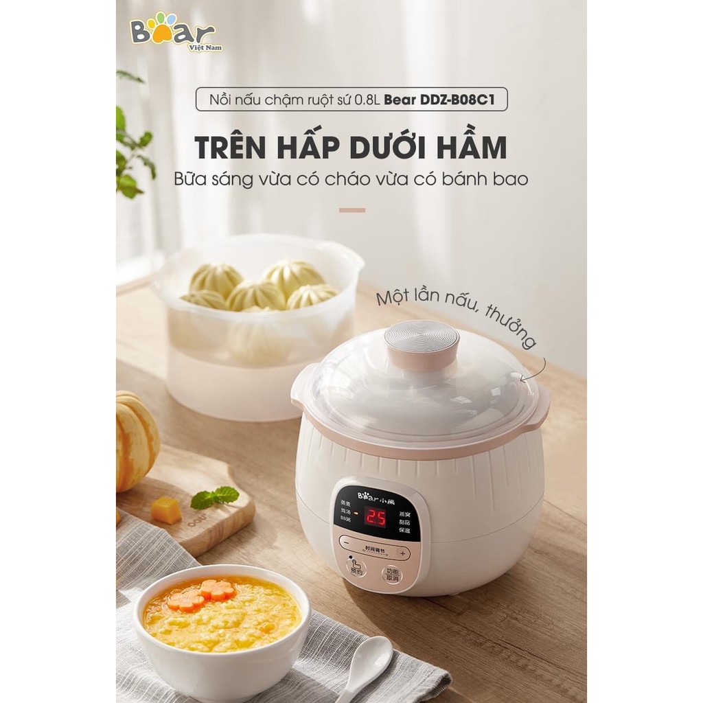 [Tặng lồng hấp] Nồi nấu cháo chậm Bear DDZ-B08C1 ăn dặm cho bé ninh hầm cách thuỷ có thể vừa nấu cháo vừa hấp củ quả