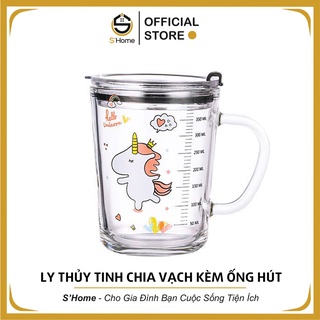 Ly Thuỷ Tinh, Ly Chia Vạch Chịu Nhiệt Kèm Ống Hút, Nắp Đậy Kín Không Sợ Đổ, 400ml- SH55