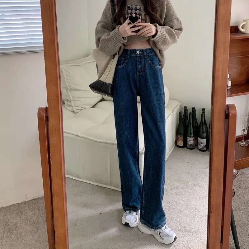 Quần Jeans Nữ Màu Xanh Than Cạp Sau 3 Cúc Ống Suông Có Túi Chất Jean Co Dãn Phong Cách Ulzzang Style Hàn Quốc
