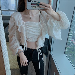 Áo sơ mi kẻ sọc xếp ly ren vuông, cổ áo voan mùa thu 2019 phiên bản Hàn Quốc mới