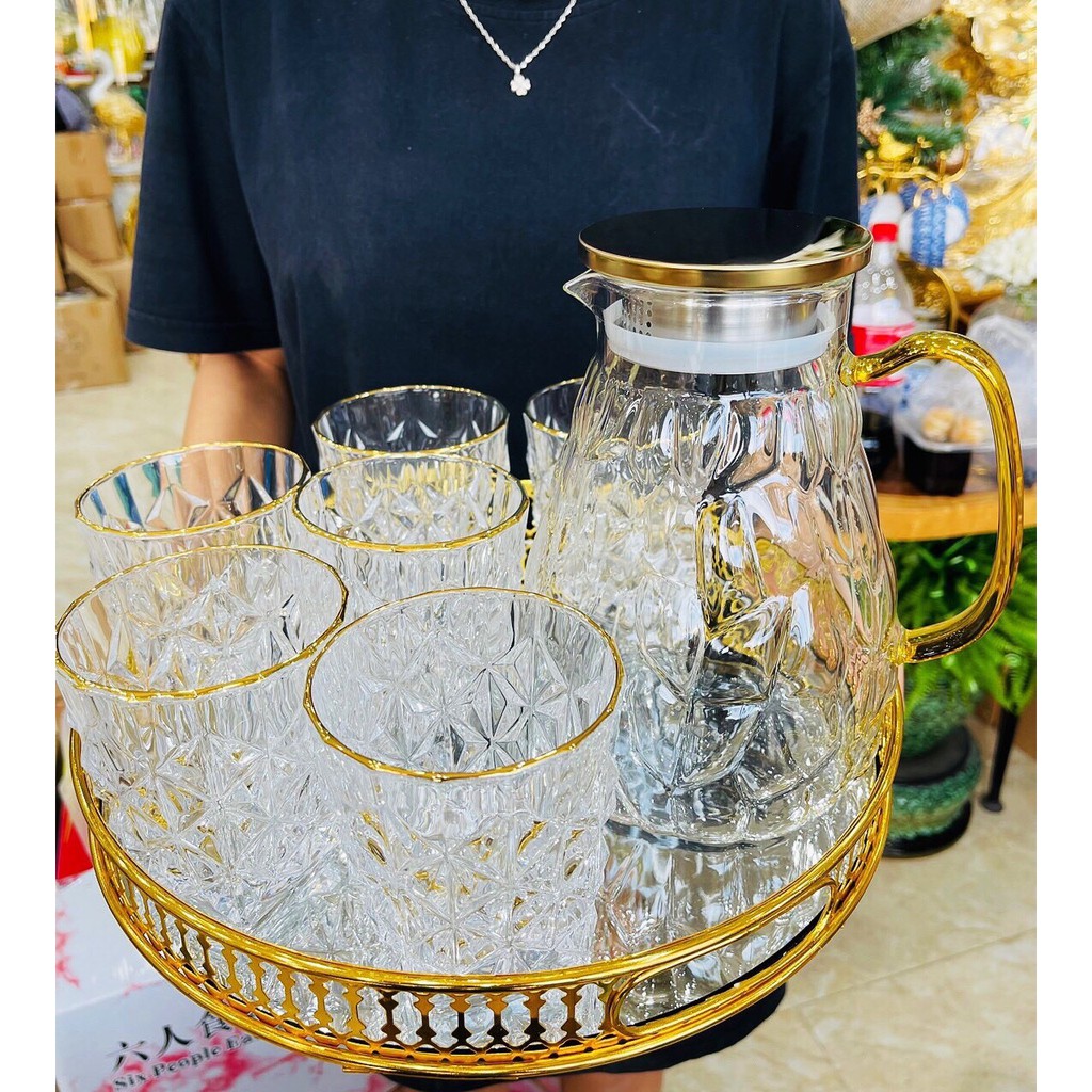 BỘ BÌNH 6 CỐC THỦY TINH CAO CẤP KÈM KHAY GƯƠNG