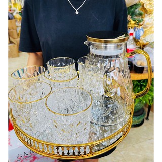 Bộ bình 6 cốc thủy tinh cao cấp kèm khay gương