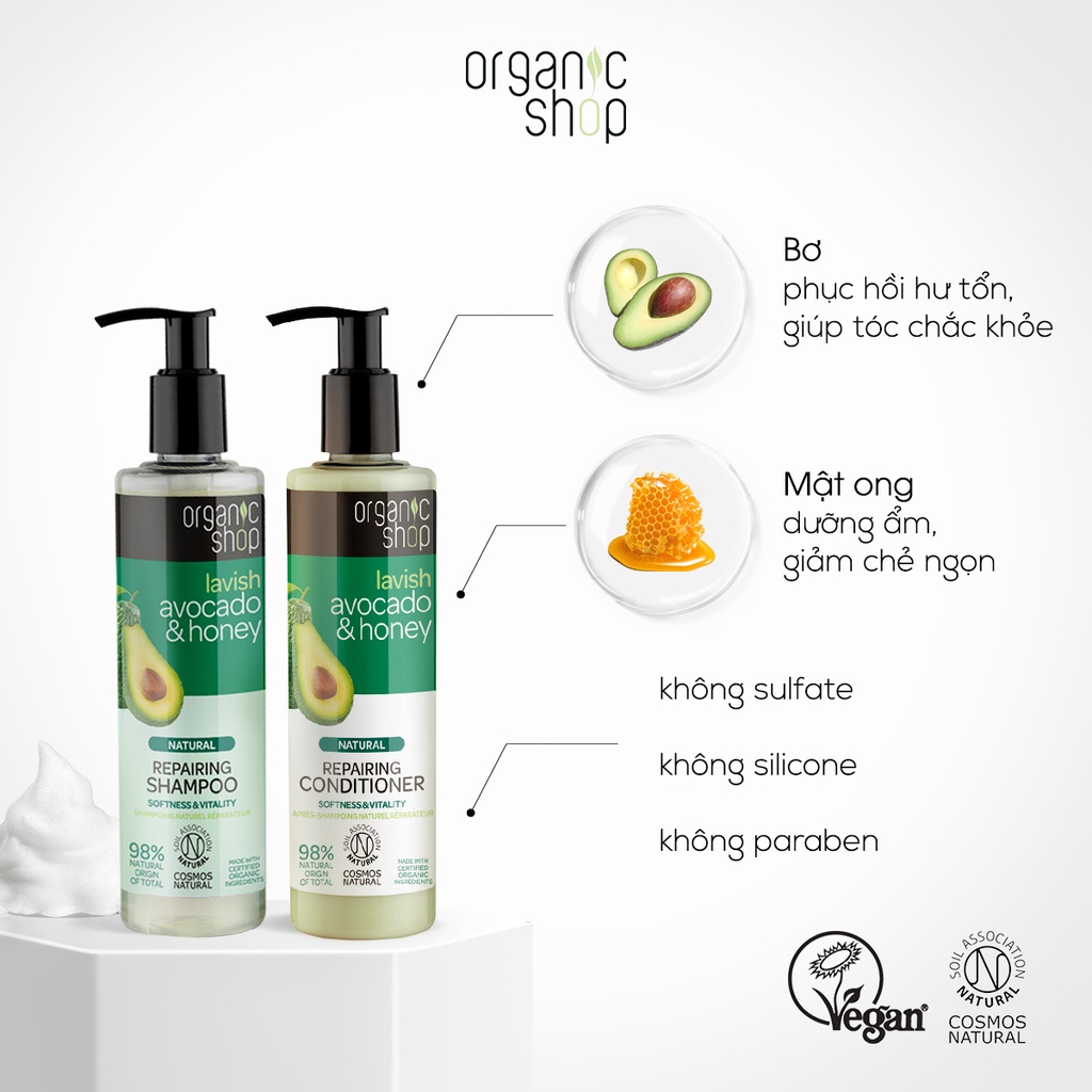 Combo Gội Xả (280mlx2) Và Kem Ủ Tóc (250ml) Phục Hồi Hư Tổn ORGANIC SHOP Bơ và Mật Ong