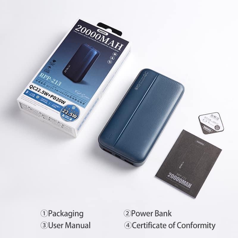 Pin dự phòng Remax RPP-213 20.000mAh sạc nhanh PD và QC3.0 max 22.5W