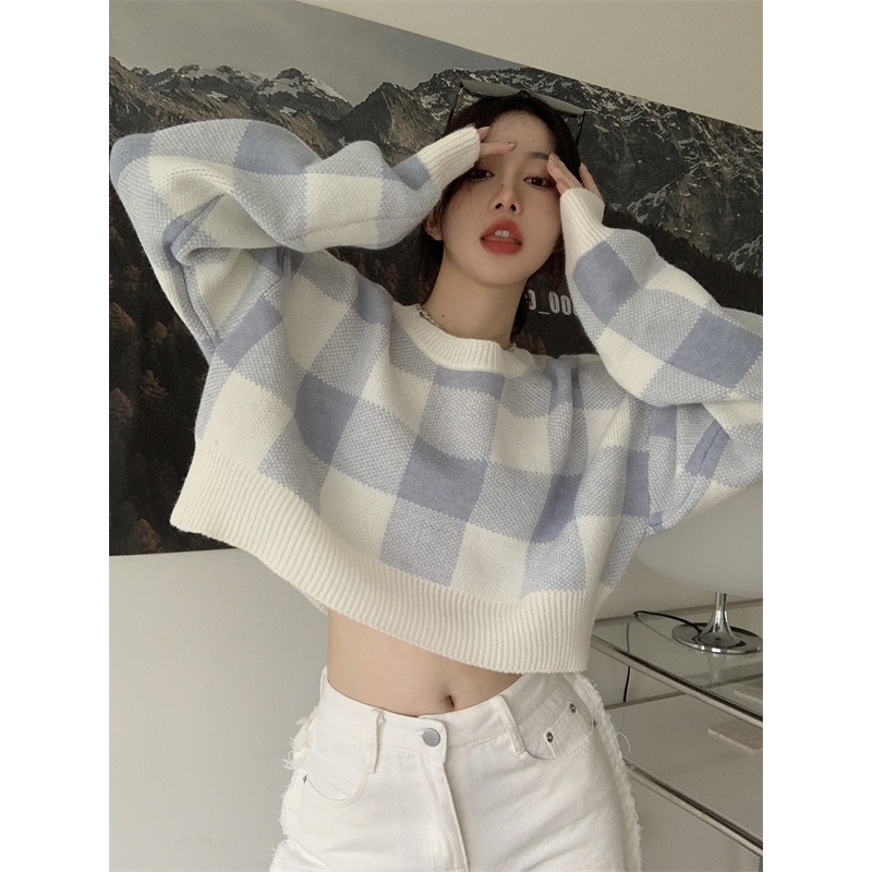 Áo sweater dệt kim cổ tròn tay dài dáng rộng họa tiết kẻ sọc thời trang dành cho nữ 46563