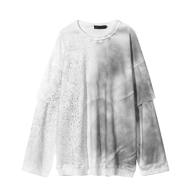 Áo thun cotton dài tay dáng rộng màu gradient giả 2 lớp thời trang harajuku cho nam