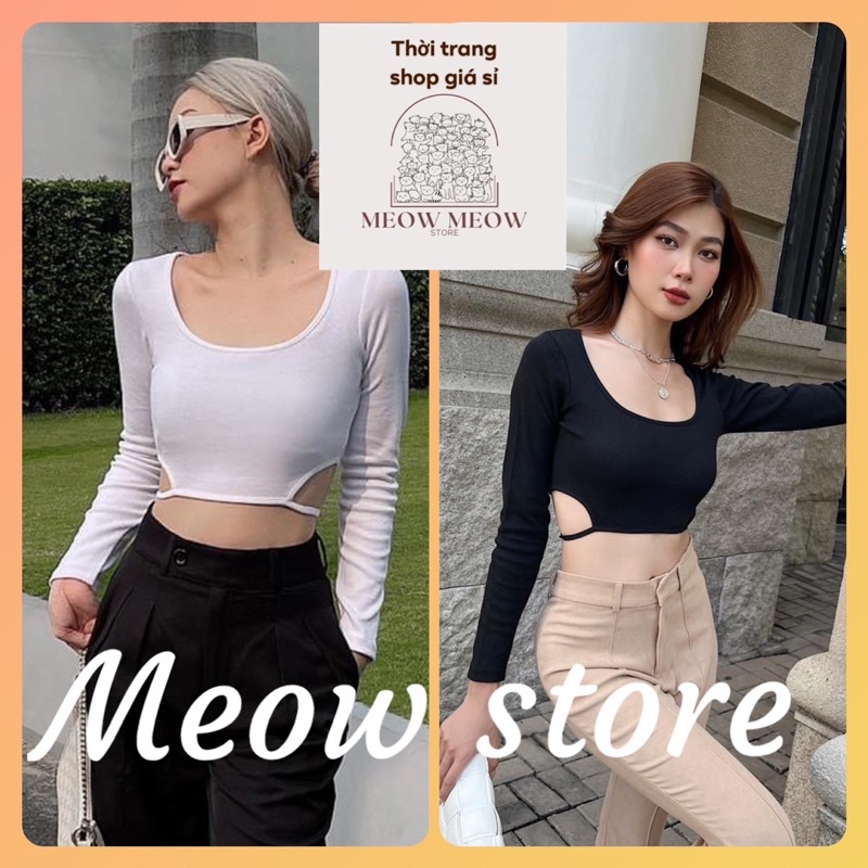 Áo cổ vuông tay dài ôm body dây cột eo cá tính, vải gân dày
