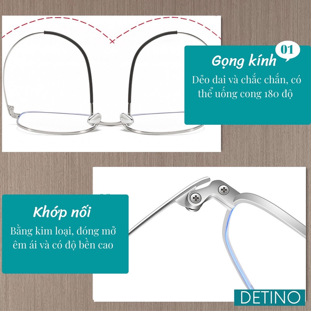 Gọng kính nam Hàn Quốc đẹp cao cấp hình vuông mặt tròn, mắt kính nam thời trang cận chống UV - ánh sáng xanh DETINO K02