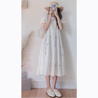 Váy Babydoll hoa cúc tay bồng dáng dài chất đũi thô/Váy vintage đũi hoa cúc tay bồng