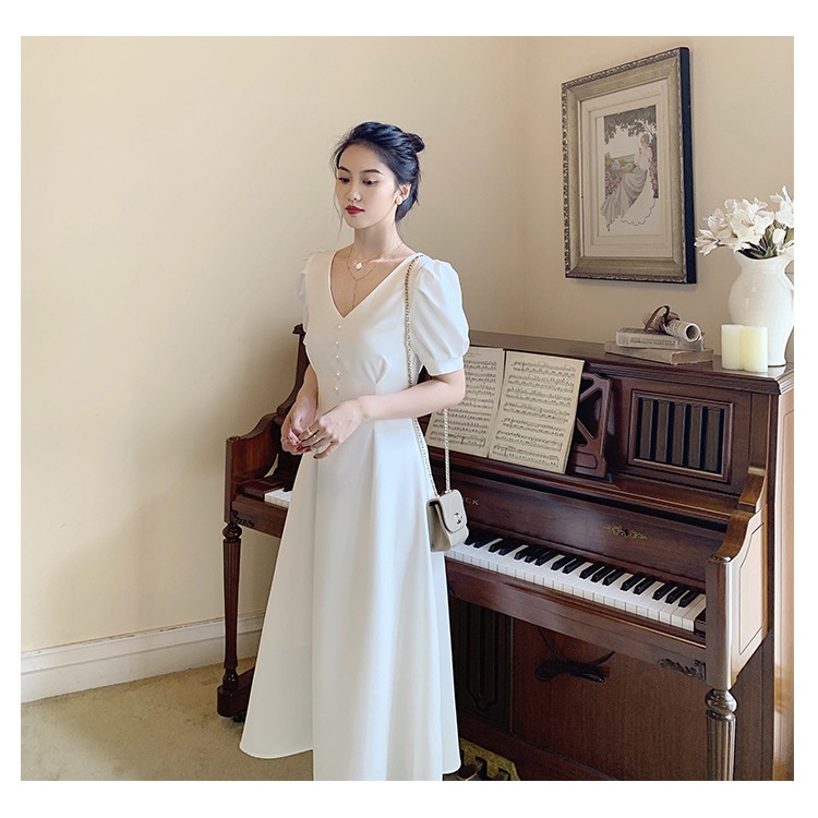 Váy đầm màu trắng kem cổ điển vintage dáng xòe công sở đi tiệc thanh lịch hàng thiết kế đủ size s m l | BigBuy360 - bigbuy360.vn