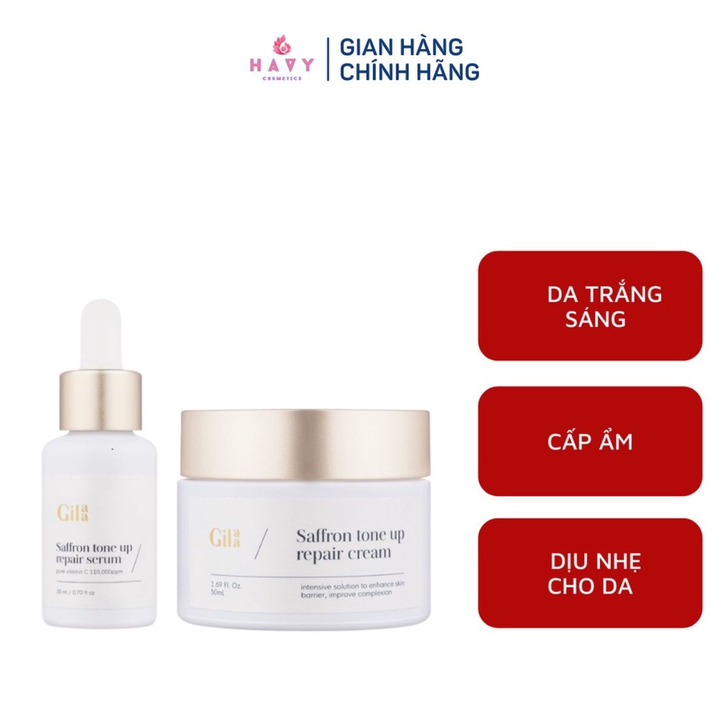 Bộ đôi Gilaa Saffron Tinh chất tươi dưỡng trắng 20ml và Kem dưỡng sạc nước 300g