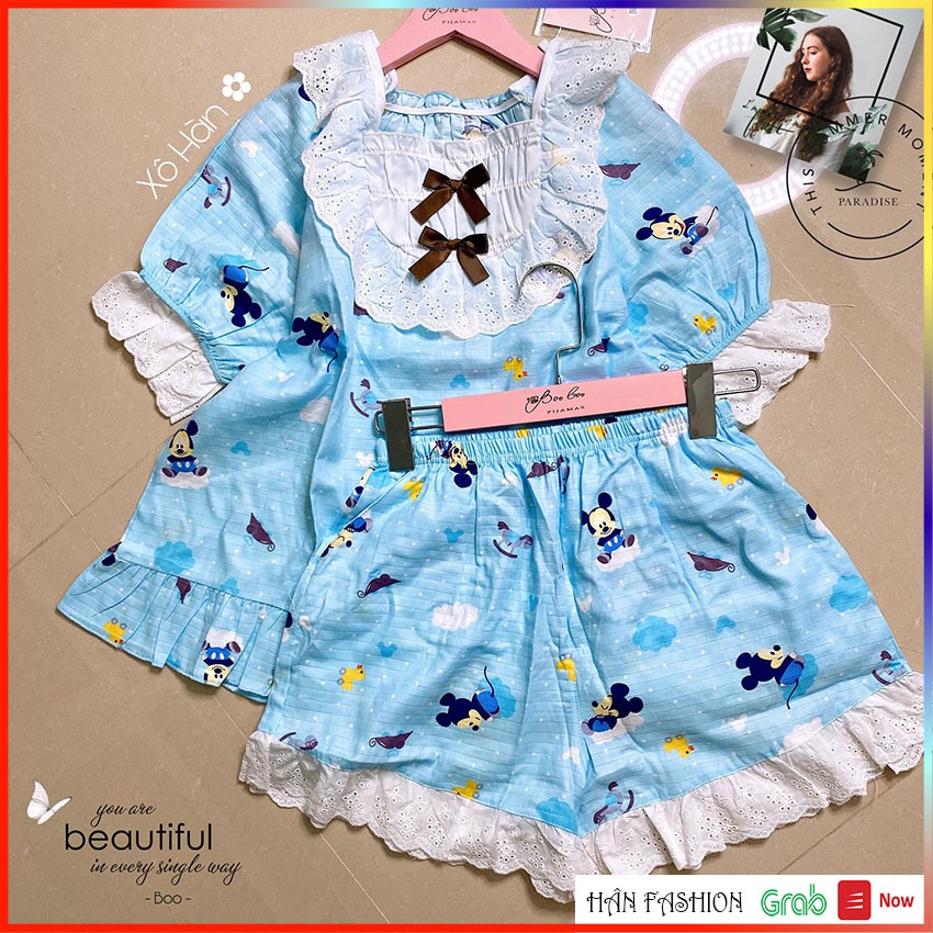Bộ Ngủ Ren Xô Hàn – Đồ Ngủ Nữ Tay Ngắn Quần Ngắn Hoạt Tiết Đẹp | Hân Fashion | Ship Nhanh 2h