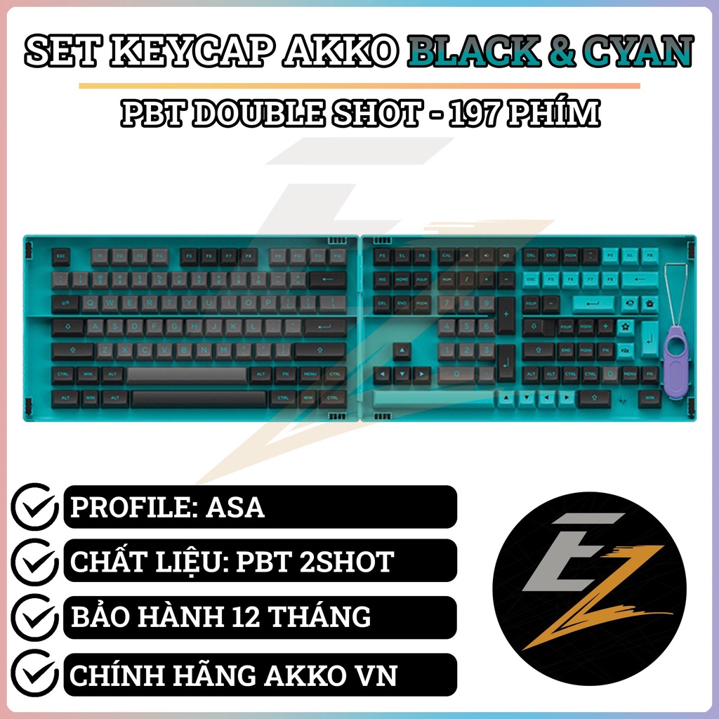 Keycap Cho Bàn Phím Cơ Akko Set – Black &amp; Cyan (PBT Double-Shot/ASA profile/197 nút) | Ezpc