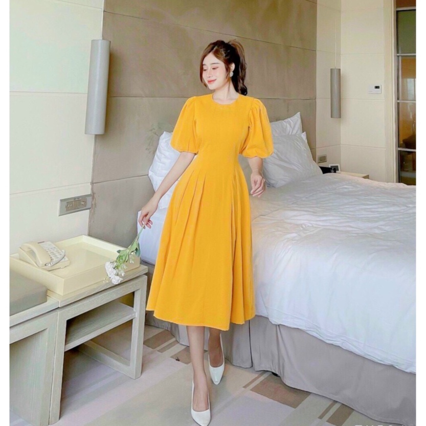 Đầm xòe dự tiệc,váy thiết kế Midi tay bồng dài xếp ly eo chất liệu linenl mịn full 2 lớp đi làm dạo phố XM Minh Phúc