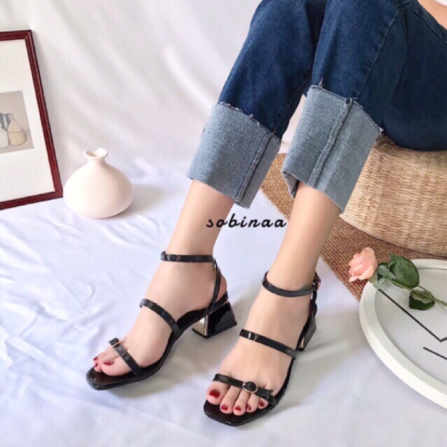 Sandal gót vuông quai mảnh Mã S12