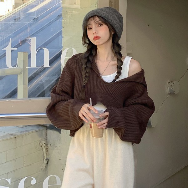 QADCOL Áo có mũ dài tay cổ chữ V dáng rộng thiết kế giản dị thời trang