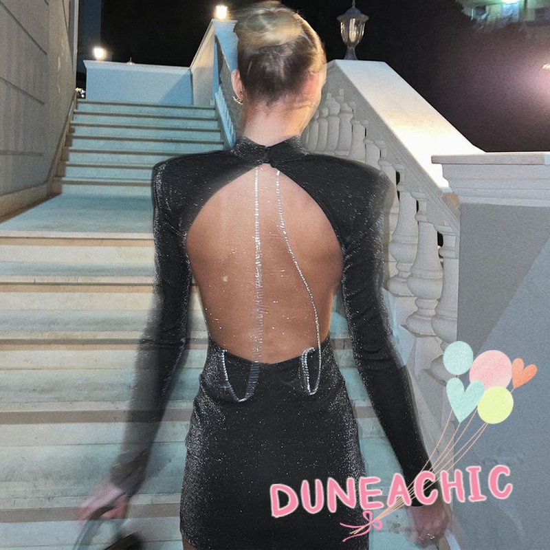 DUNEA Đầm dự tiệc hở lưng phối chuỗi xích long lanh thời trang dành cho nữ