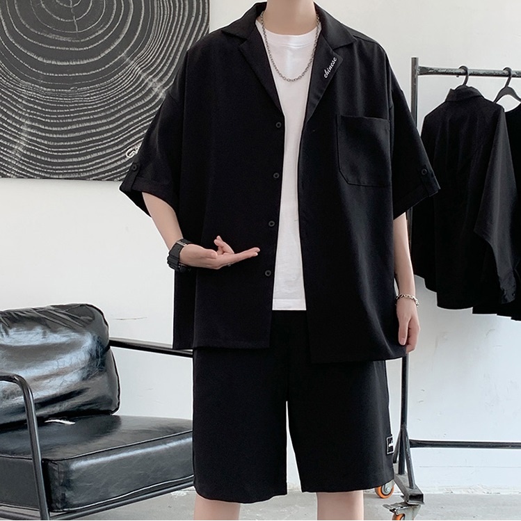 Bộ quần áo nam nữ unisex form rộng tay lỡ sơ mi quần short rộng màu đen và nâu dáng đẹp thời trang trẻ pon.mens