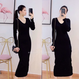 Váy len body cổ tim