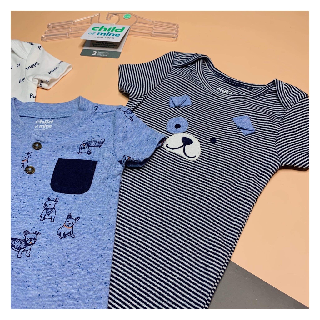 Ảnh thật CARTER Chính hãng SET 3 BỘ Bodysuit Gấu Ô ô cho BÉ TRAI SƠ SINH chất liệu COTTON AN TOÀN
