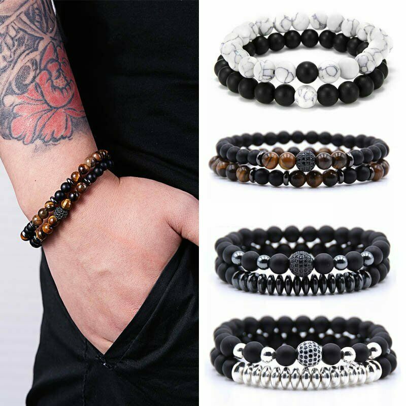 Set 2 Vòng Tay Chuỗi Hạt Đá Mắt Hổ Tự Nhiên Thời Trang Cho Nam Nữ