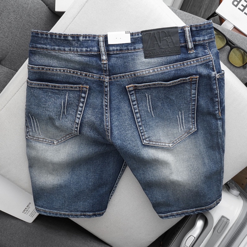 Quần short jean nam xanh rêu hàng xuất khẩu xịn chất bò giãn ống ôm suông nhẹ