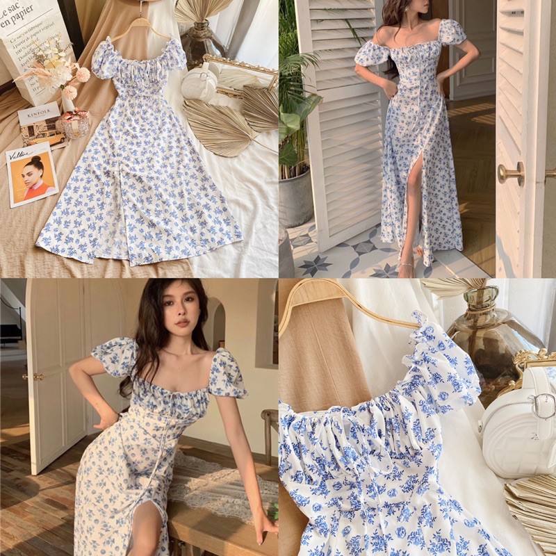 Đầm maxi hoa xanh nhíu ngực cột nơ xẻ tà