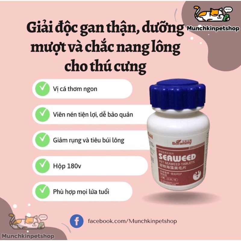 Borammy Seaweed -Dưỡng mượt lông, giảm rụng lông, tiêu búi lông cho chó mèo, giải độc gan, thận, bổ máu