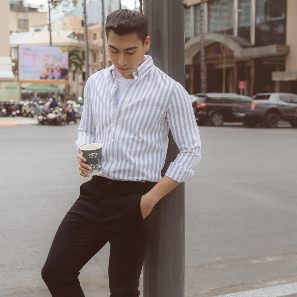 Áo Sơ Mi Dài Tay Phối Sọc BYCOTTON Stripes Grey Oxford Shirt