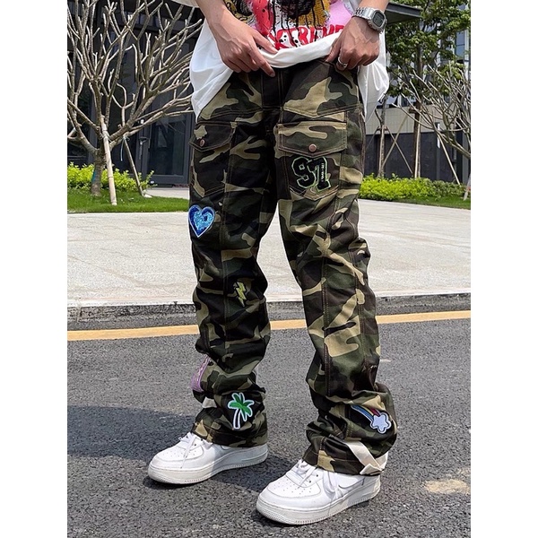 Cargo Pants Camo Gắn Stickers Unisex - Quần Hoạ Tiết Camo Xanh