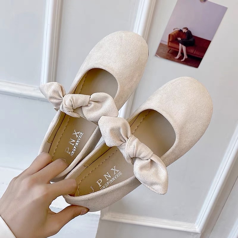 𝖙𝖍𝖊 𝖇𝖑𝖚𝖊 - Giày búp bê quai nơ da lộn phong cách nữ sinh Hàn Quốc
