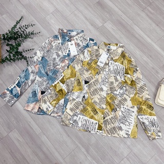 Áo sơ mi lụa hoạ tiết báo xanh