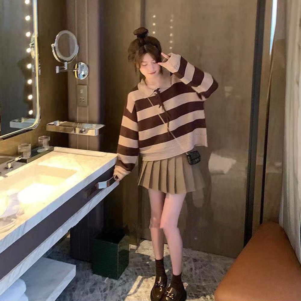 Áo Sweater Dệt Kim Dáng Rộng Họa Tiết Kẻ Sọc Thời Trang Thu Đông Mới Cho Nữ