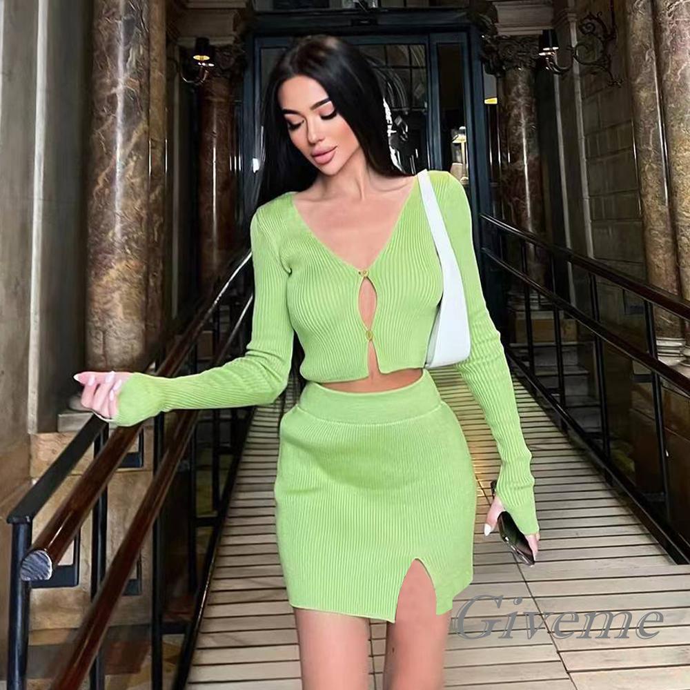 Set Áo Lửng Dài Tay + Chân Váy Xẻ Tà Màu Sắc Thời Trang Dành Cho Nữ