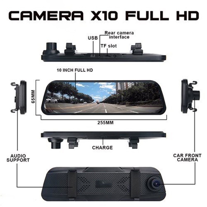 Camera hành trình ô tô X10 full HD 1080p có kết nối điện thoại, gương chiếu hậu trước và sau, quay đêm sắc nét