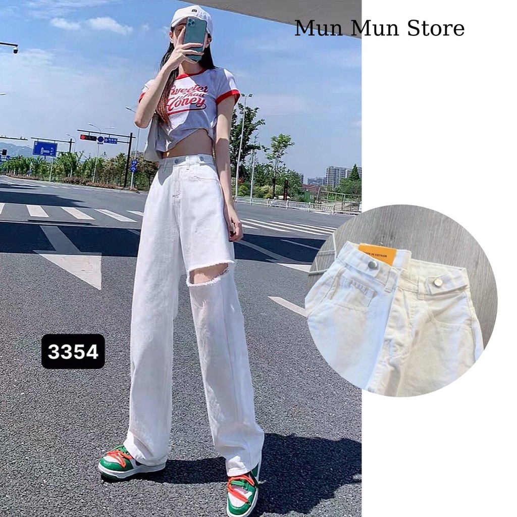 Quần suông nữ trắng rách gối MunMunStore quần bò lưng cao phong cách ulzzang 9007