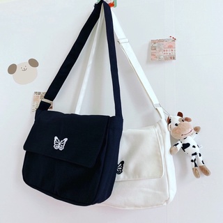 Túi tote vải đeo chéo canvas Basic - thêu hình bướm, bò