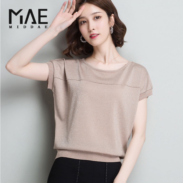 Large size loose 2022 summer new bat sleeve bright silk sweater short sleeve t-shirt for women