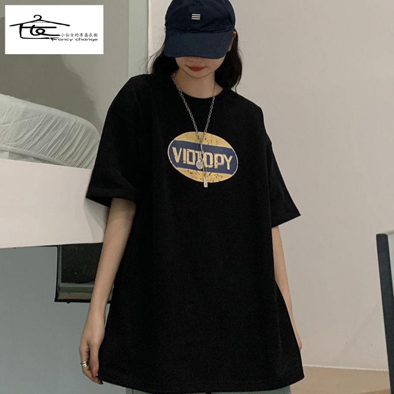 Áo Thun 100% Cotton Nguyên Chất Tay Ngắn Dáng Rộng Phong Cách Retro Hồng Kông Cho Nữ