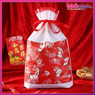 Bộ 5 Túi Đựng Bánh Quy Có Dây Buộc, Túi Bánh Cookies Có Sẵn Nơ Rút Hạc Đỏ 23*15cm