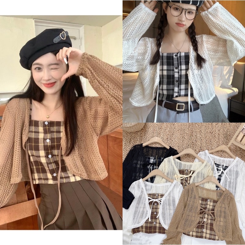 SET ÁO CADIGAN LƯỚI MIX ÁO 2S KẺ CARO siêu xinh