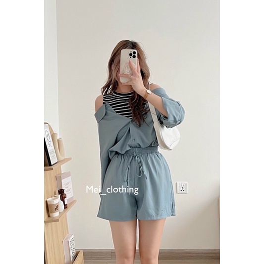 Set sơmi lụa cách điệu may liền áo lỗ kẻ sọc, set đồ nữ tiểu thư