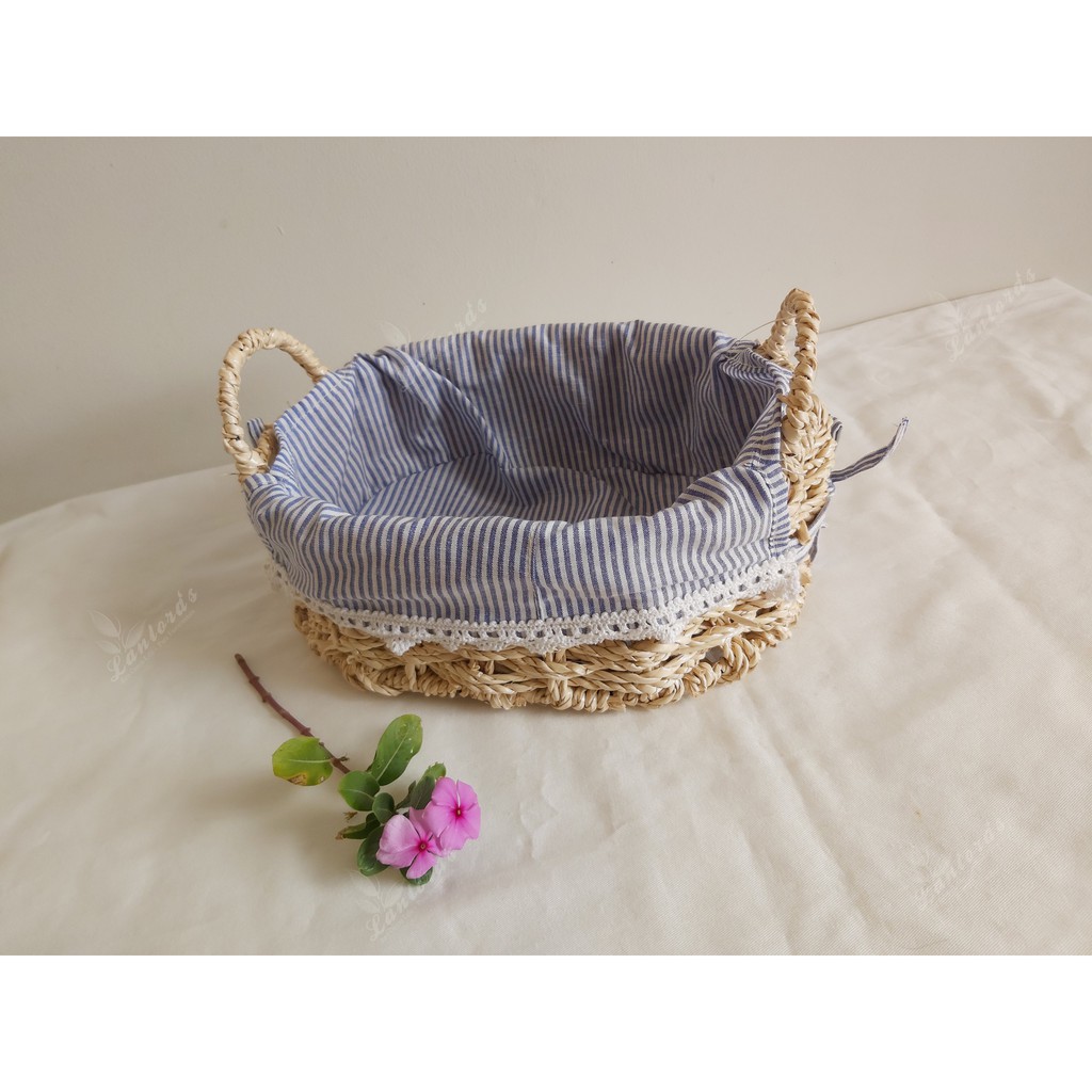 Khay cói oval có quai kèm vải lót cotton, giỏ đan từ sợi buông hàng VN, hình thật shop chụp