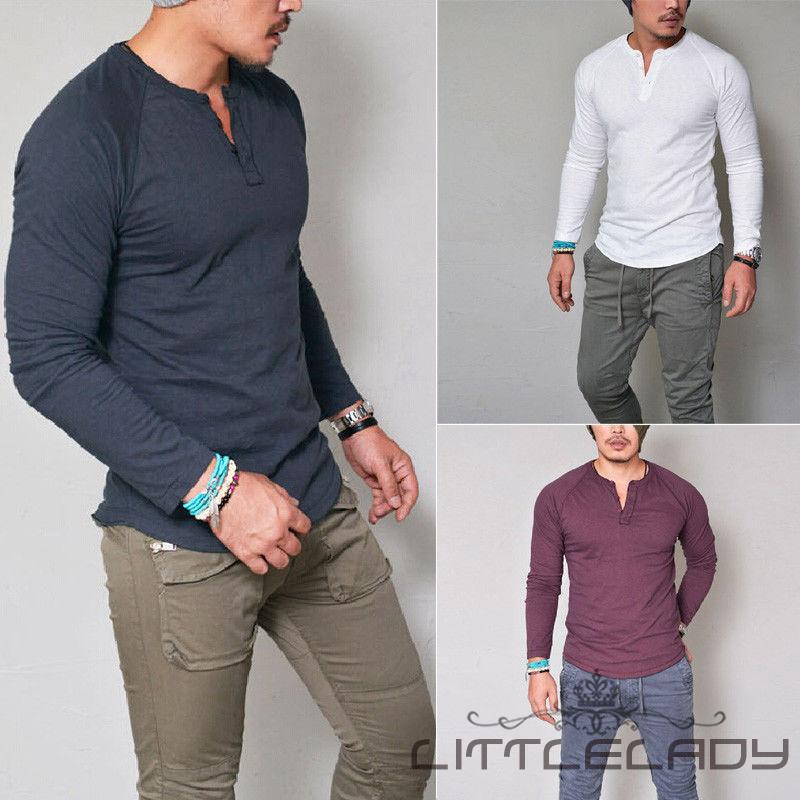 ☛☏❤Fashion Men&#39;s Slim Fit V Neck Long Sleeve Muscle Tee T-shirt Casual Tops Blouse