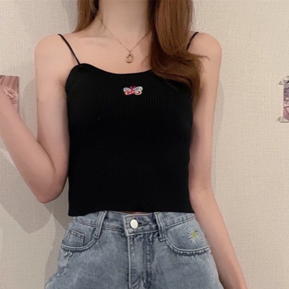Áo Hai Dây Dệt Kim Màu Trơn Che Bụng Thời Trang Cho Nữ