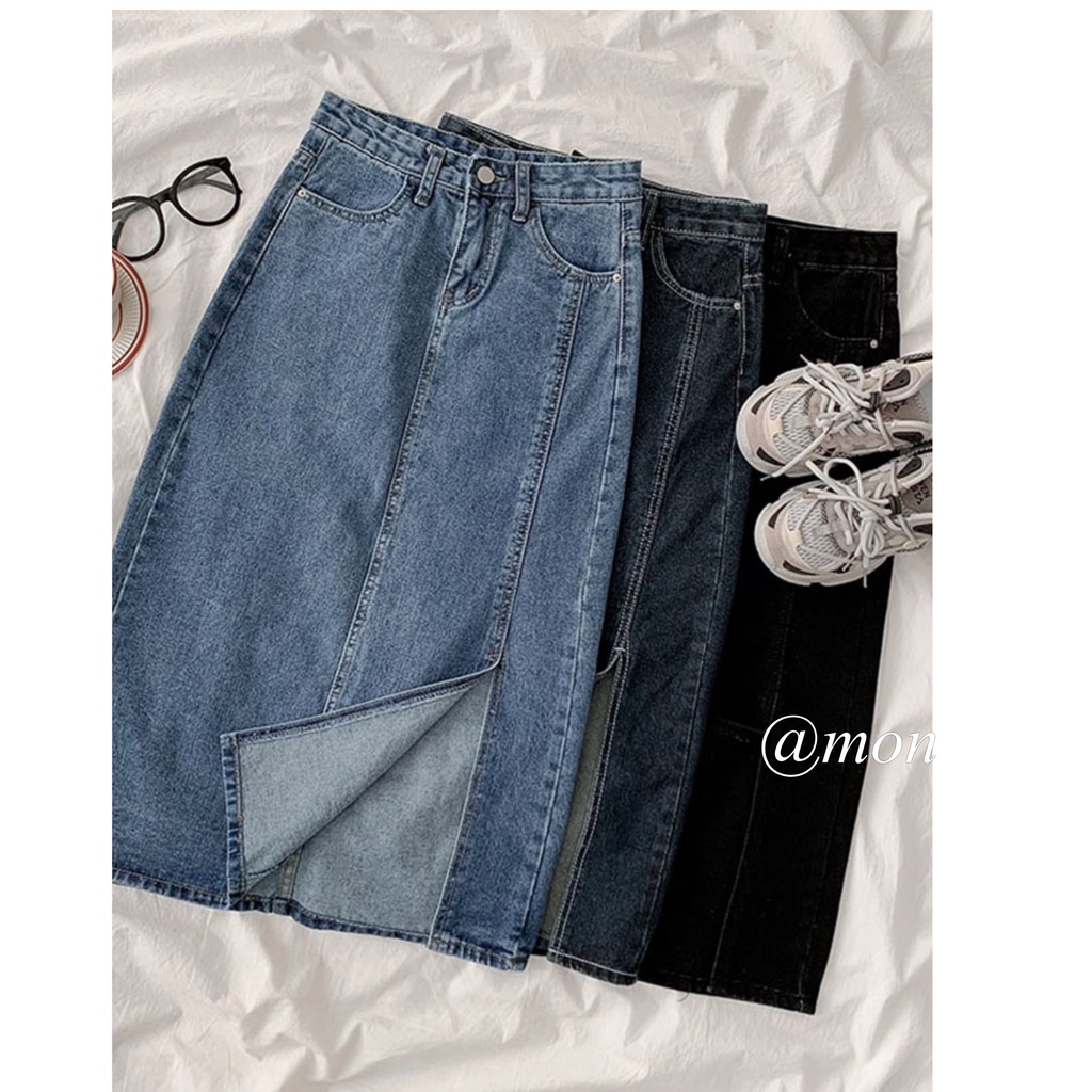 2101550 Chân váy jeans dáng dài nữ ulzzang xẻ bên nhiều màu chất jeans dày dặn có size | BigBuy360 - bigbuy360.vn