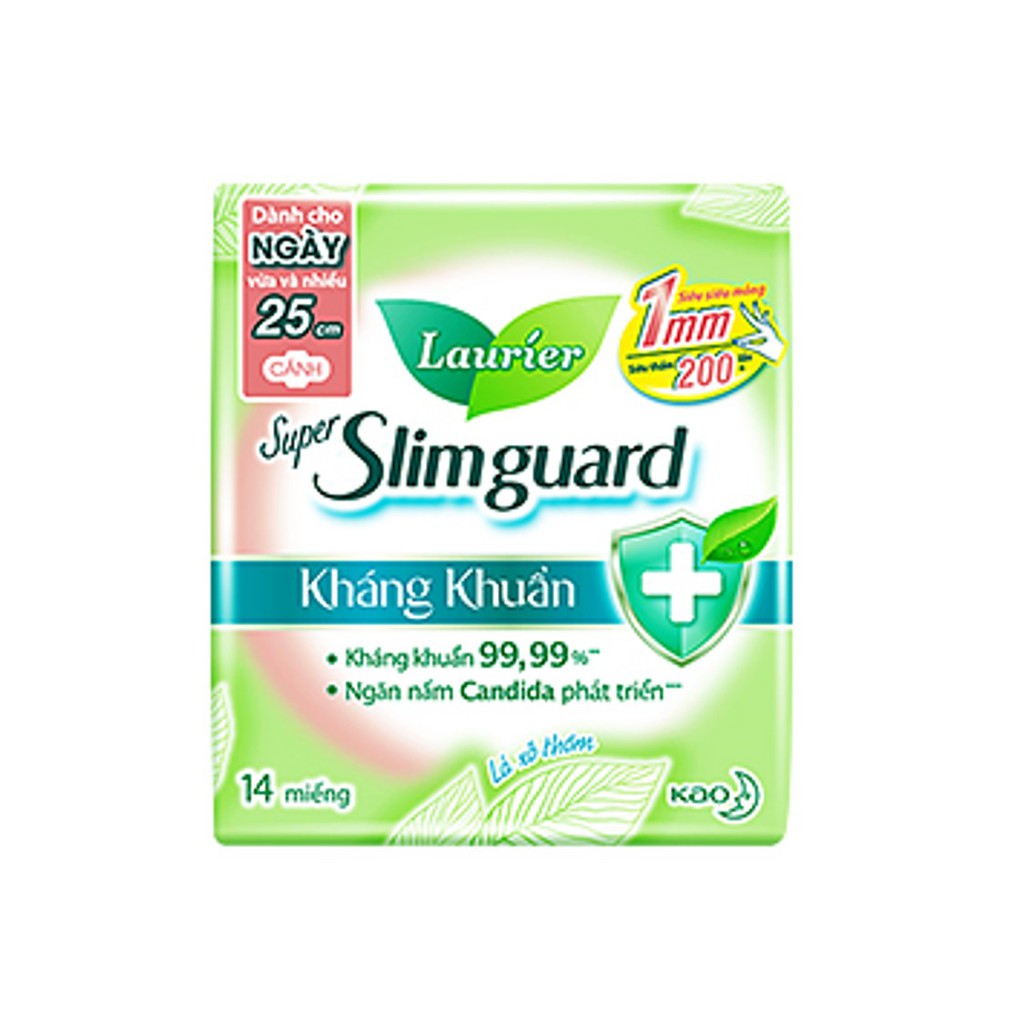 Combo 3 gói Băng Vệ Sinh Ban Ngày Laurier Super Slimguard Kháng khuẩn Siêu Mỏng Cánh 1mm (25cm - 14M)