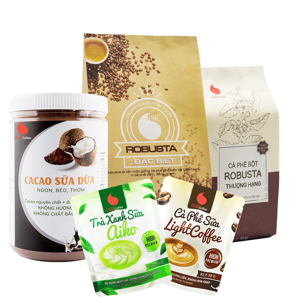 Set Làm quen 5, cà phê Đặc biệt 500g, thượng hạng 100g, cacao sữa dừa 550g, cà phê sữa 50g, matcha sữa 50g Light Coffee