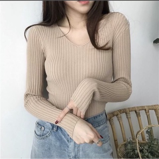 Áo kiểu nữ cổ tim tay dài chất thun gân dày dặn