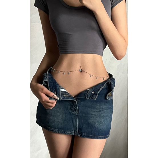 Khuyên Rốn Phối Dây Xích Bằng Thép Không Gỉ Trang Trí Hình Hoa Đính Đá Quyến Rũ Cho Nữ